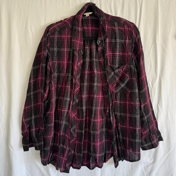 Terra & Sky Burgundy Plaid Button-Up Shirt – 1X (16W-18W), Soft & Lightweight - Picture 1 of 3